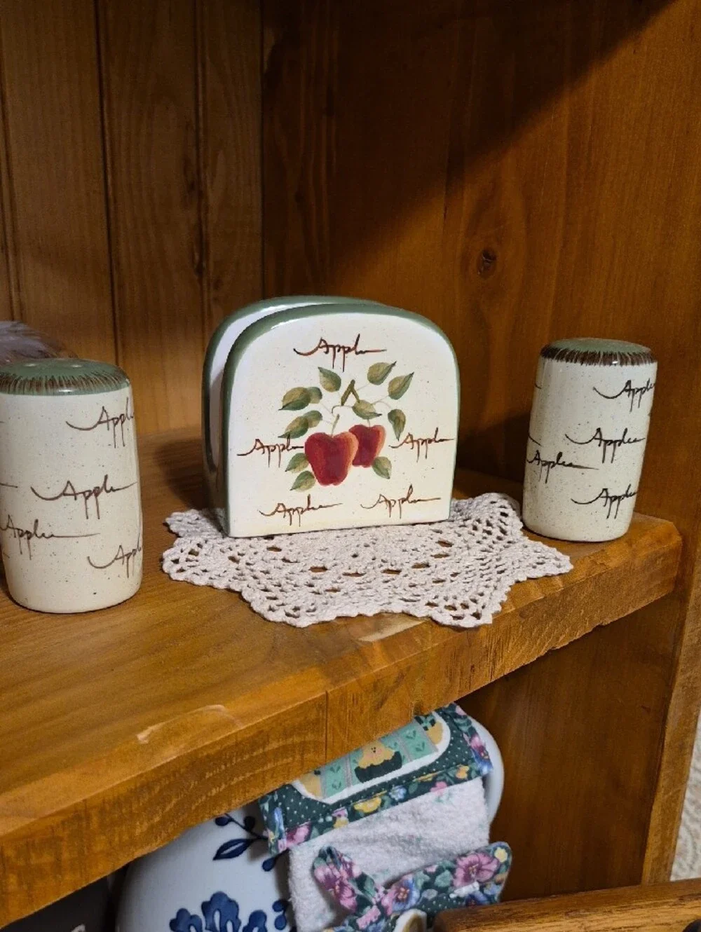 Home Interiors Red Apple Ceramic Salt and Pepper Shakers with Napkin Holder